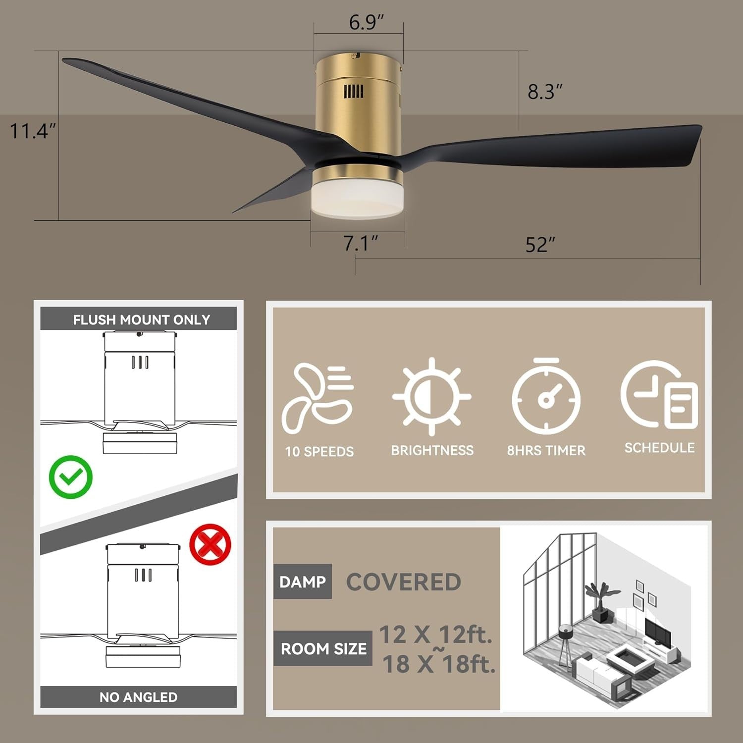 SMAAIR 52" Smart Ceiling Fan with Light, 10-Speed DC Motor, Gold Black