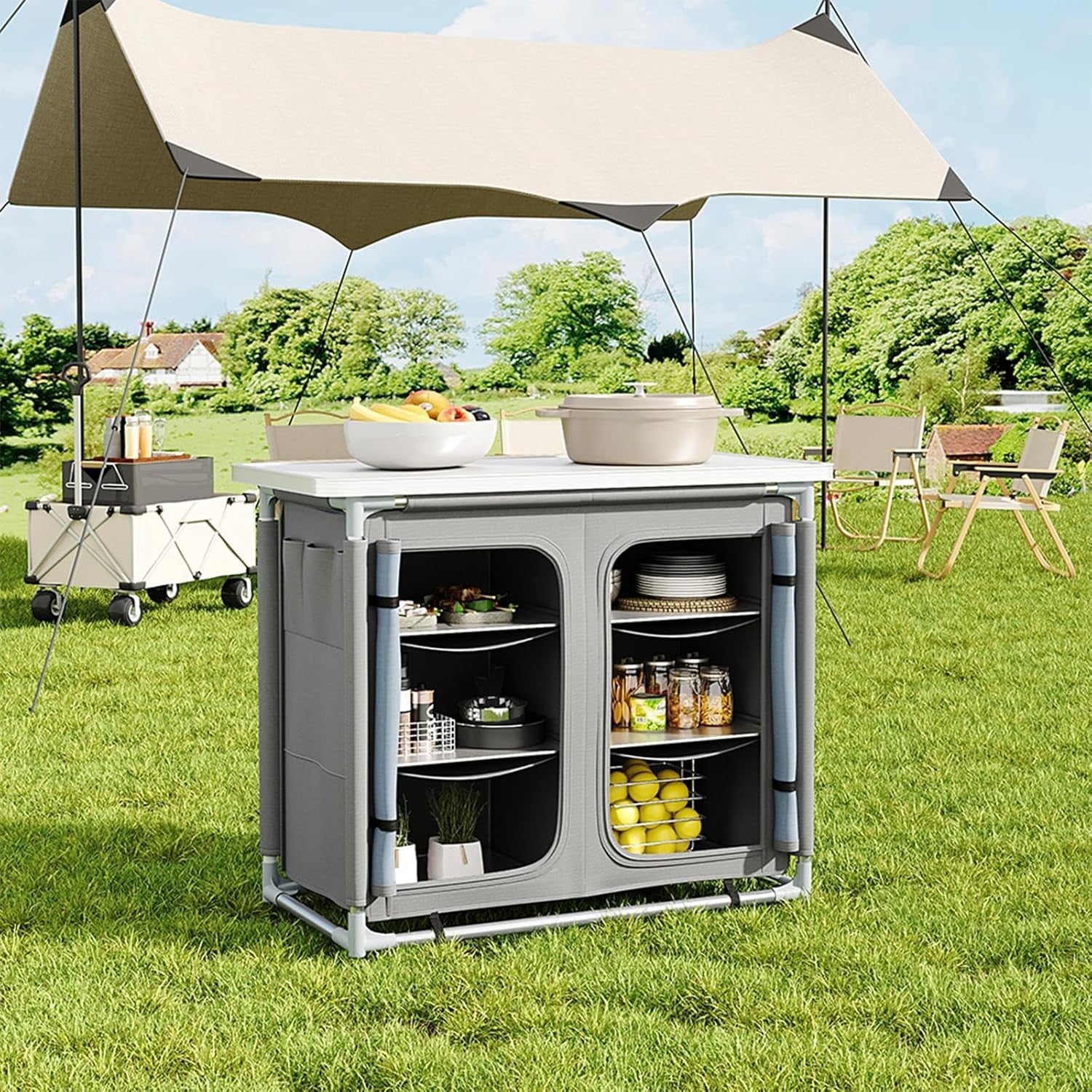 Outdoor Folding Camping Kitchen Table with Storage, Portable BBQ Prep Station