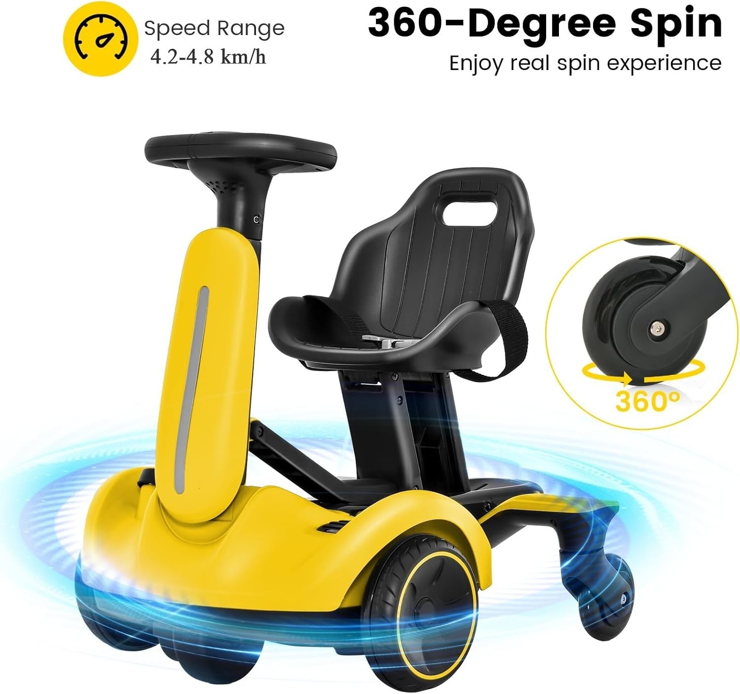 Kids Electric Racing Kart 6V 360° Drift Car Adjustable Seat Yellow 3-8Y