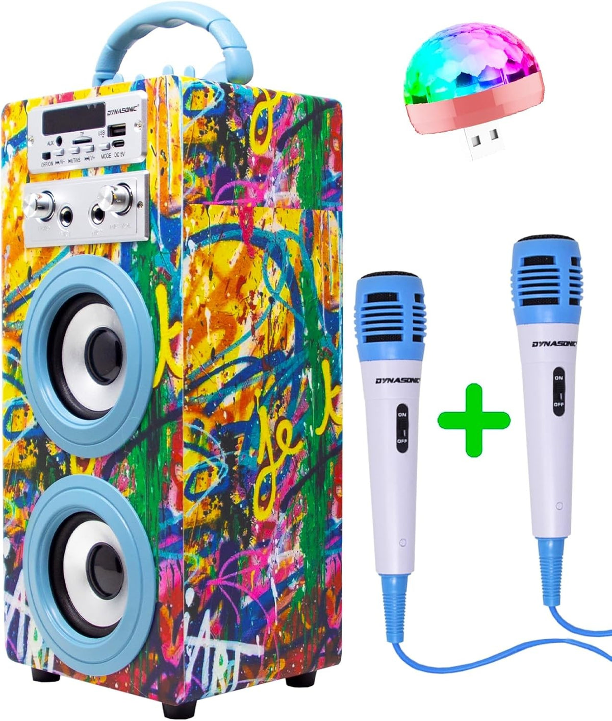 Blue DYNASONIC Karaoke Machine 2 Mics Portable Bluetooth Speaker w/ Lights