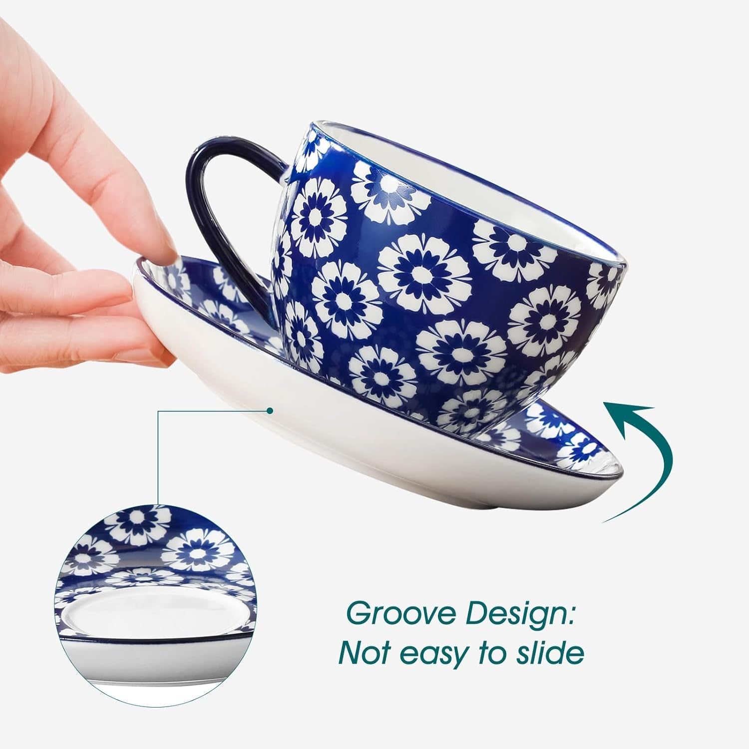 Espresso Cup & Saucer Set of 6 Blue White Porcelain Coffee Tea 240ml