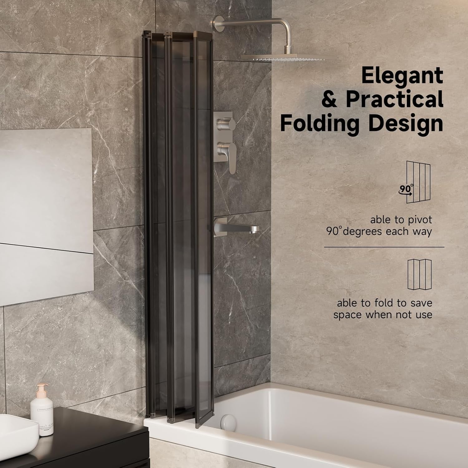 Black 5 Panel Folding Shower Screen 1200x1400mm Tempered Glass Bath Screen