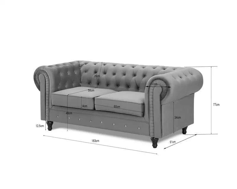 Grey Chesterfield Velvet 2 Seater Sofa Tufted Scroll Arm Classic Couch