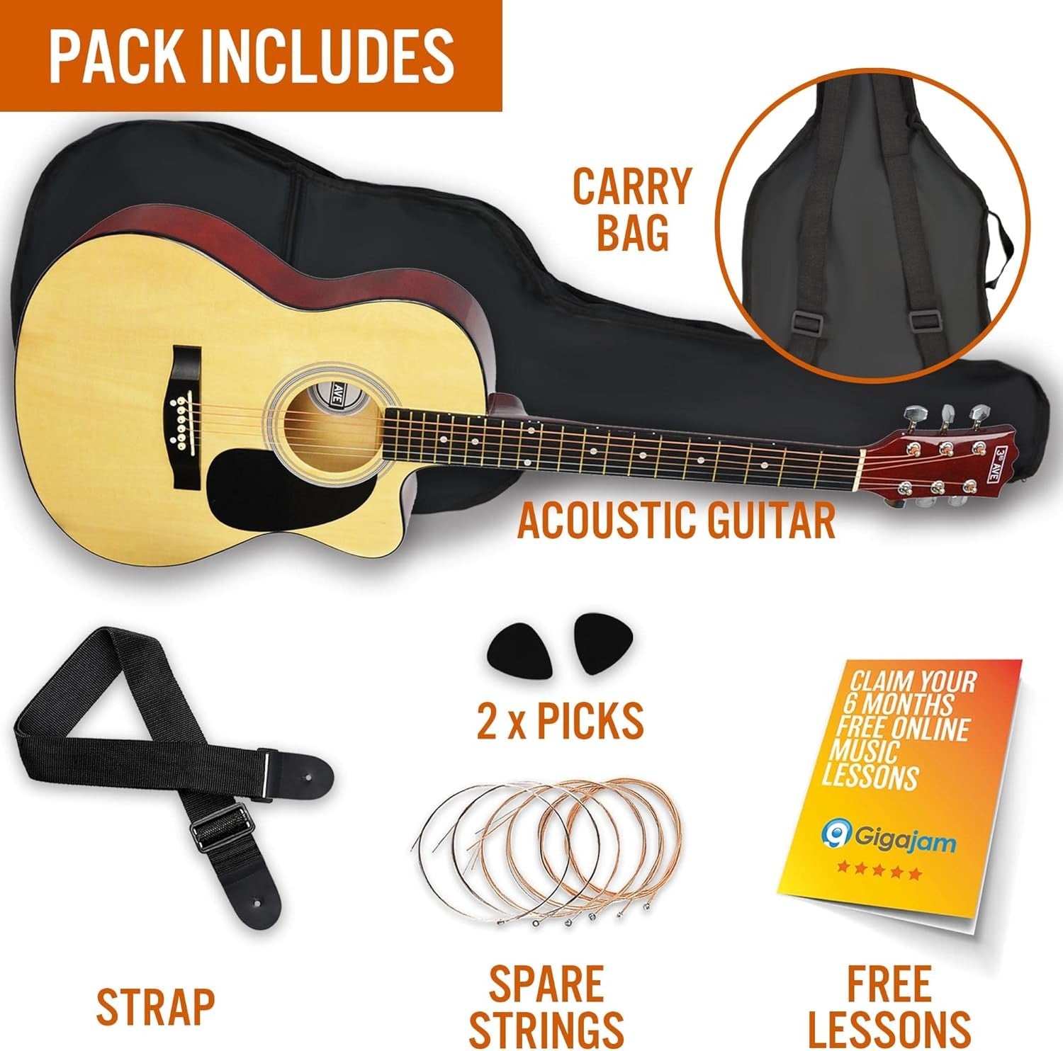 Full Size 4/4 Cutaway Acoustic Guitar Bundle w/ Bag Strap Strings