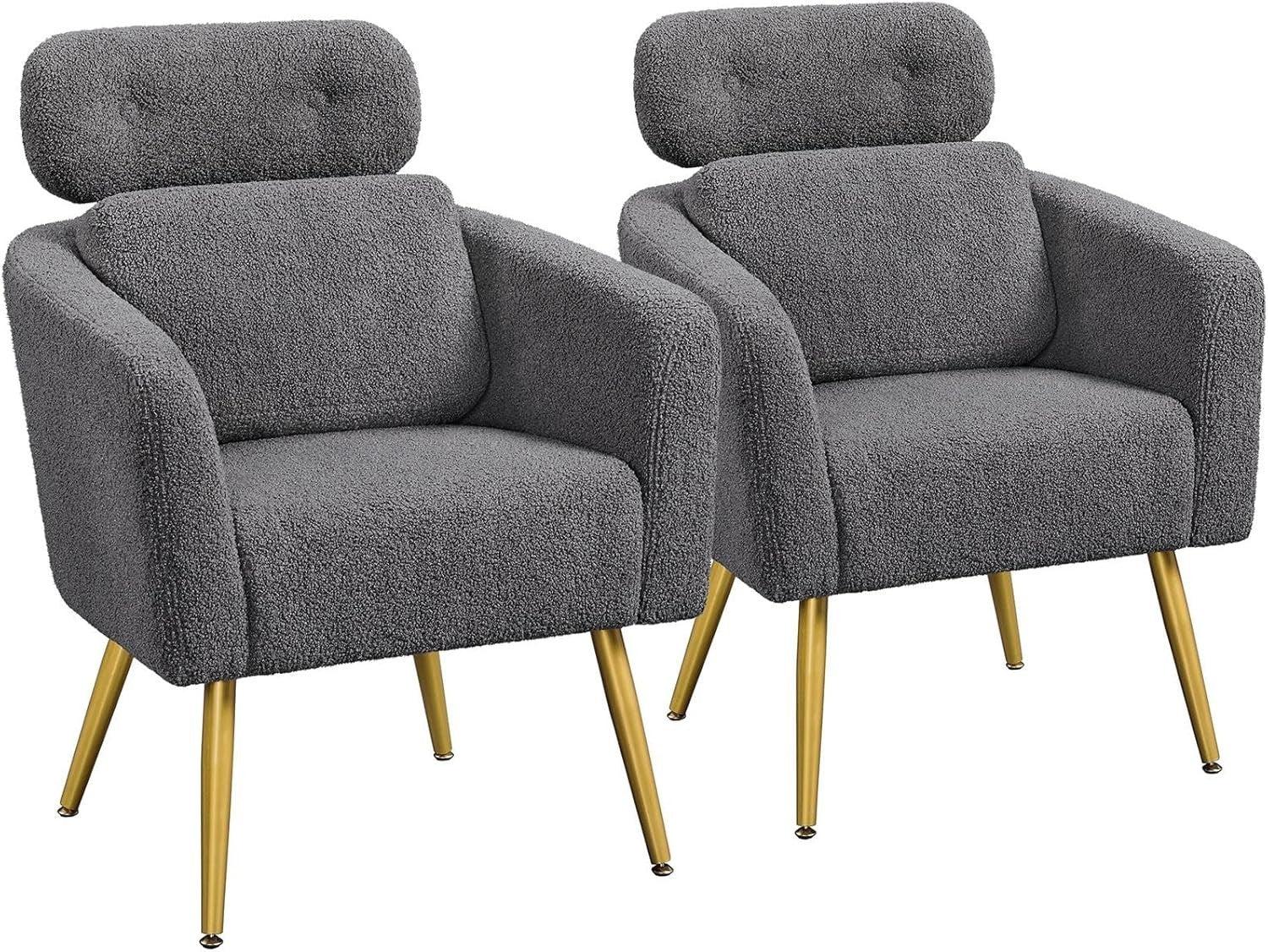 2x Dark Grey Boucle Armchairs with Headrest & Lumbar for Lounge/Office