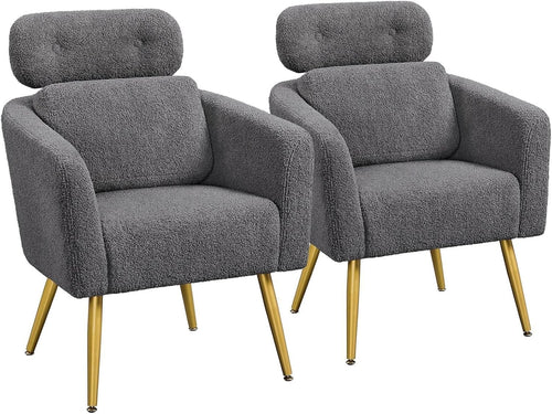 2x Dark Grey Boucle Armchairs with Headrest & Lumbar for Lounge/Office