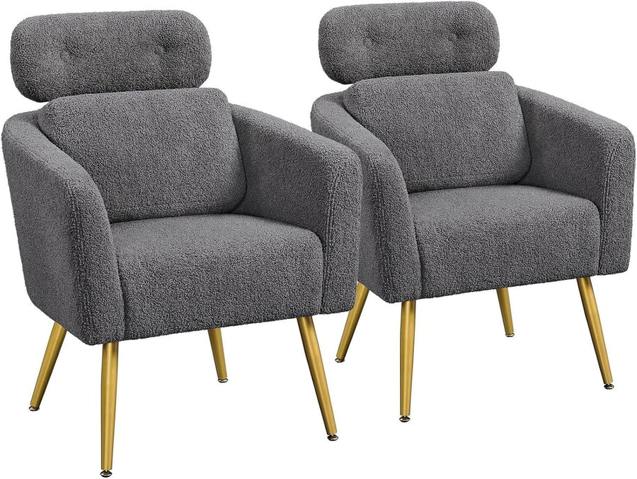 2x Dark Grey Boucle Armchairs with Headrest & Lumbar for Lounge/Office