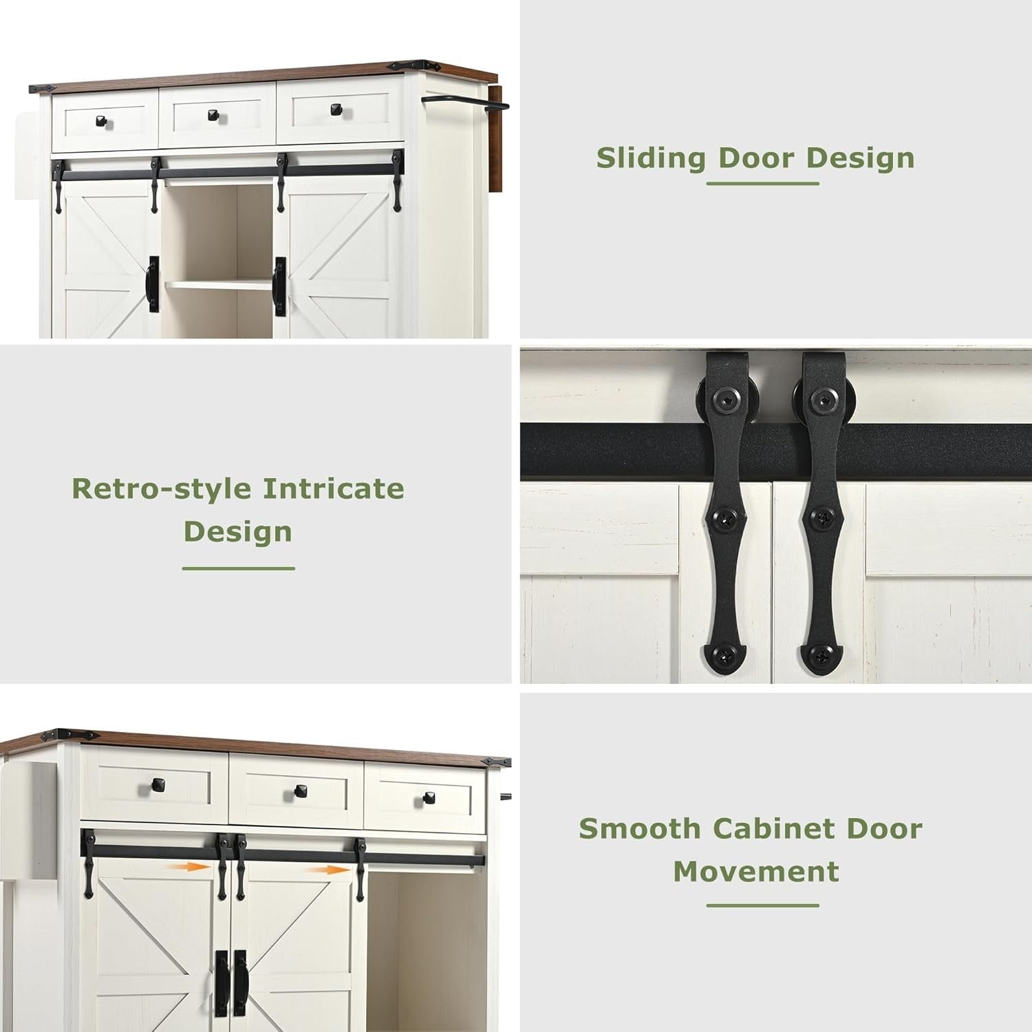 Kitchen Island Cart with Extendable Worktop, Sliding Doors & 3 Drawers