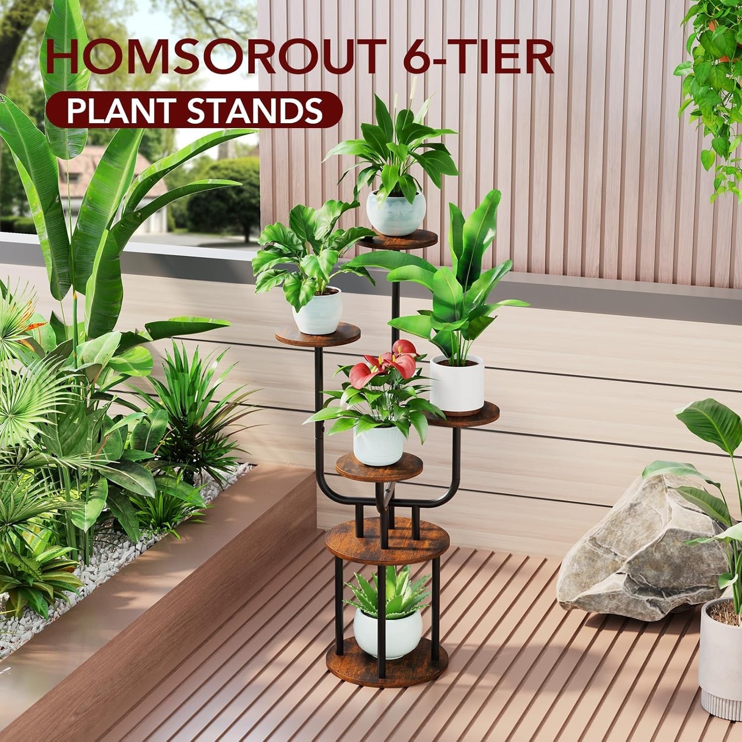 6 Tier Metal Wood Plant Stand with Grow Light Indoor Corner Shelf Rack Brown