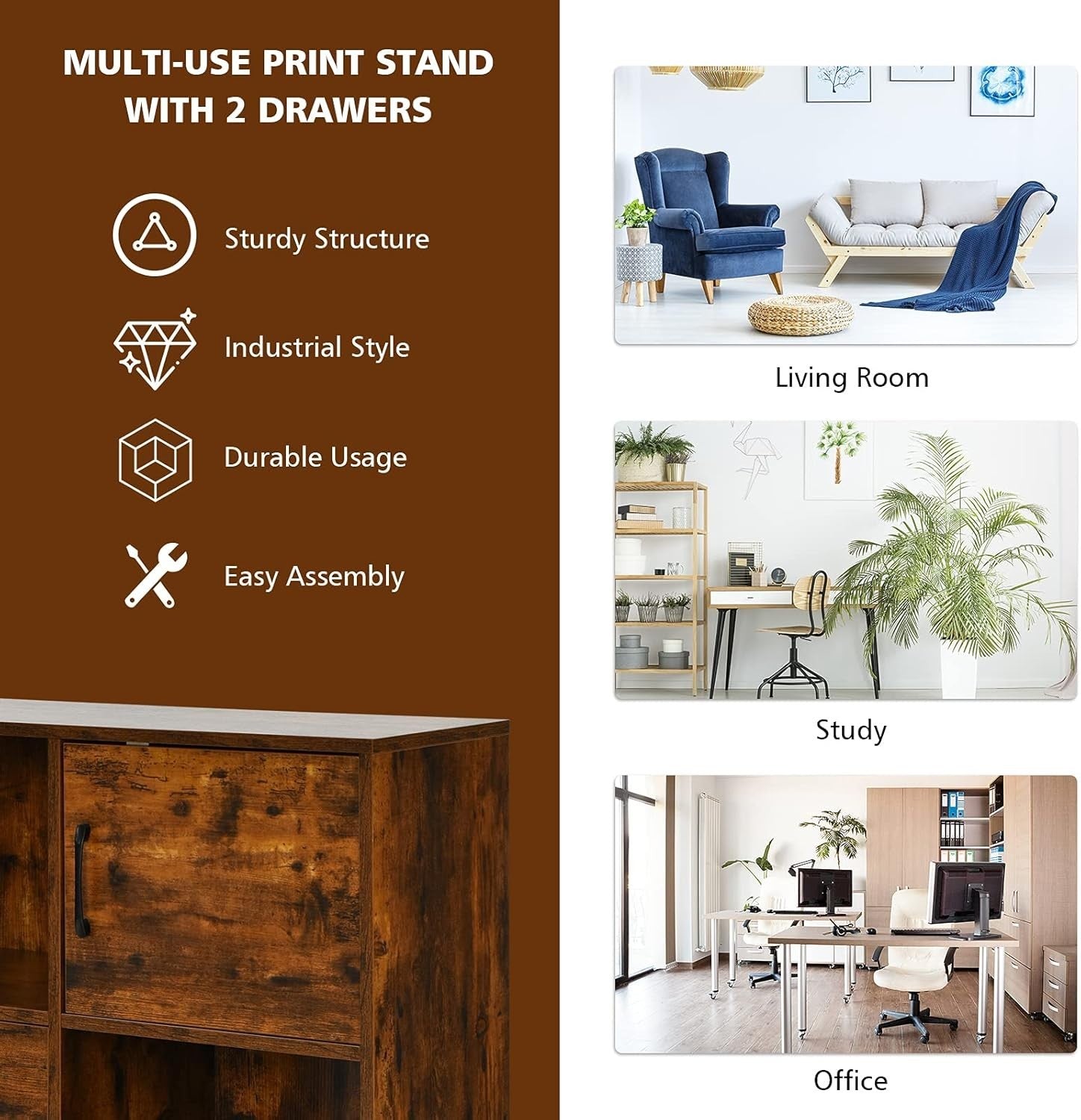 Rustic Brown Mobile File Cabinet 80cm Printer Stand Storage Unit