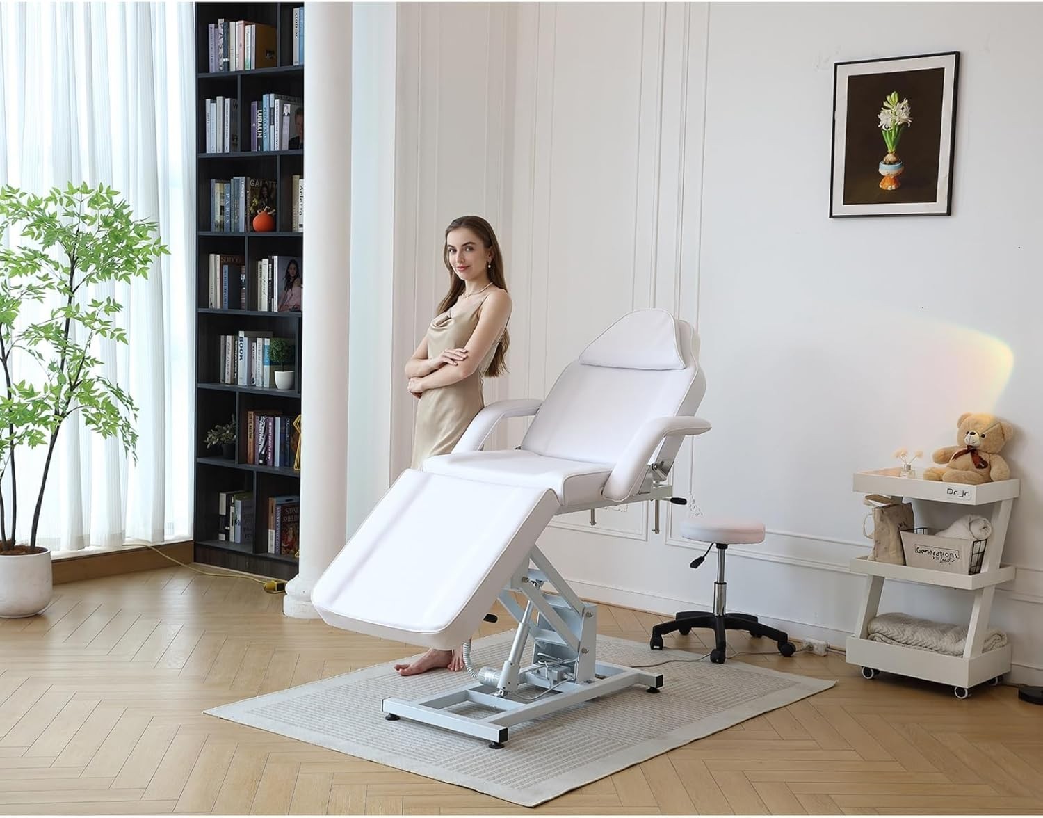 Electric 3-Section Beauty Massage Bed w/ Head Cushion & Swivel Stool White