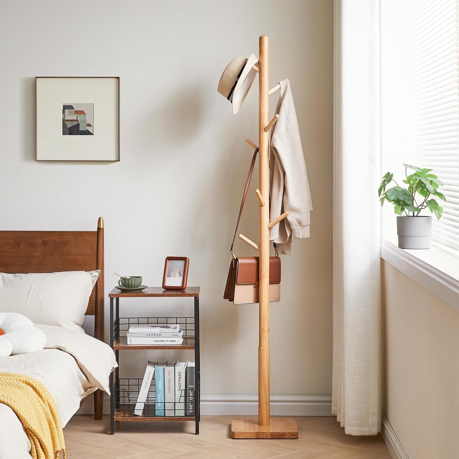 Natural Wooden Coat Rack Stand 8 Hooks 176cm Tall Hat Tree Organizer Modern