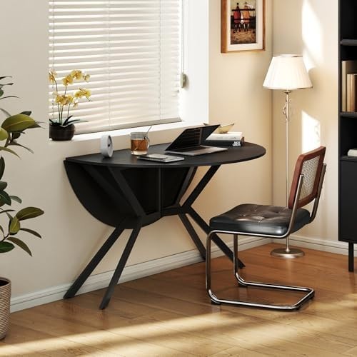 Folding Round Drop Leaf Dining Table 120cm Space Saving Extendable Black