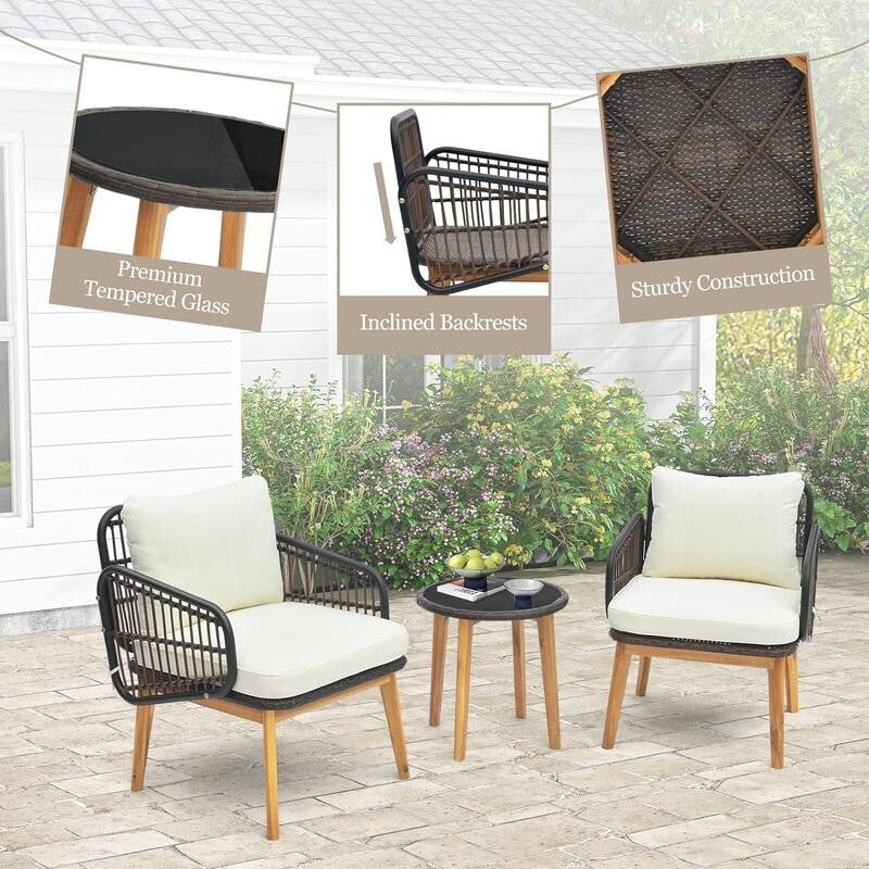 3pc Rattan Bistro Set Garden Chairs & Glass Table with Wood Legs Outdoor