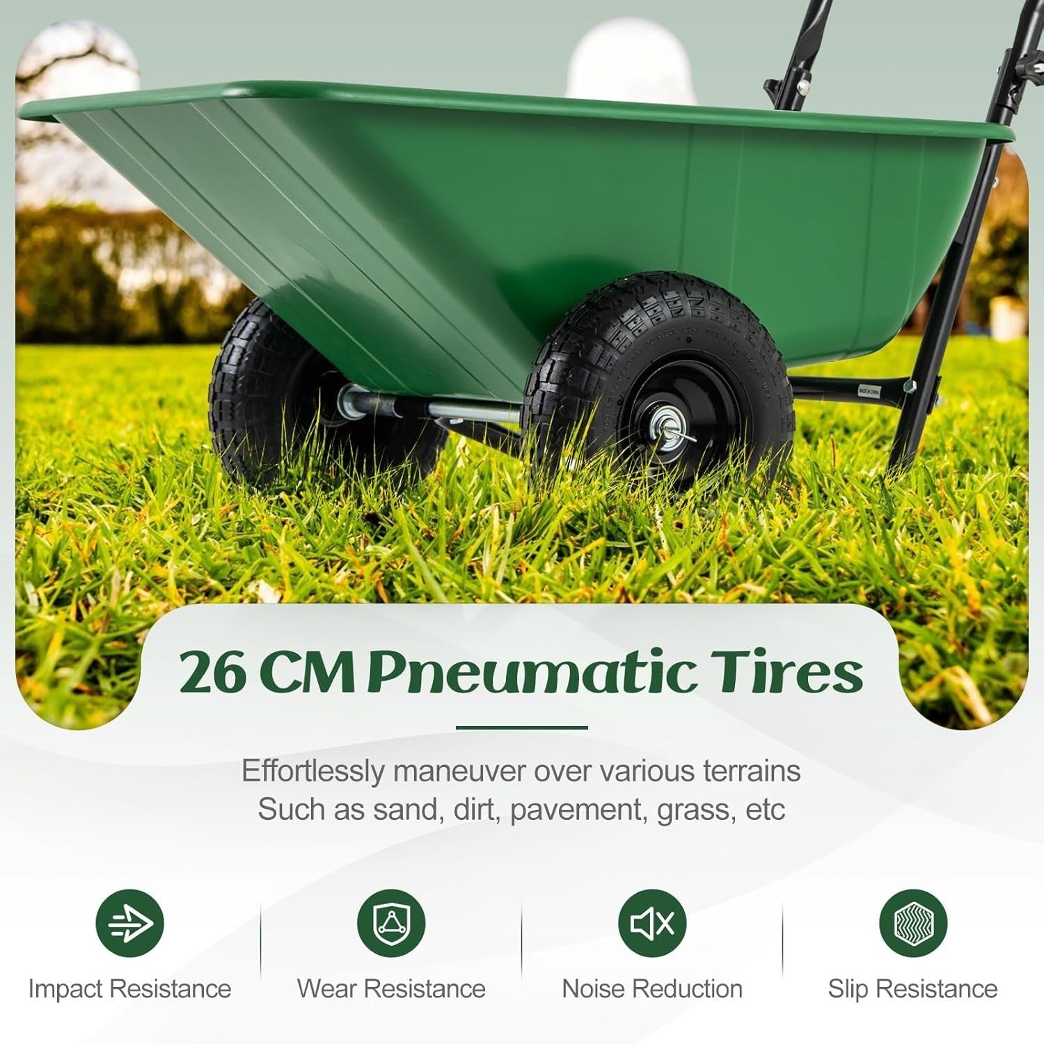 80L 2-Wheel Garden Wheelbarrow Green – Foldable Handle w/ Pneumatic Tyres 100kg