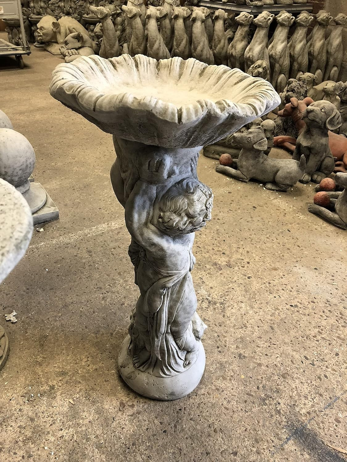 Twin Cherub Stone Bird Bath Heavy Concrete Garden Ornament Feeder Statue
