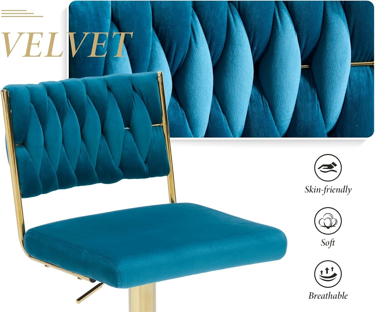 Adjustable Velvet Bar Stools Set of 2 Teal Swivel Counter Chairs