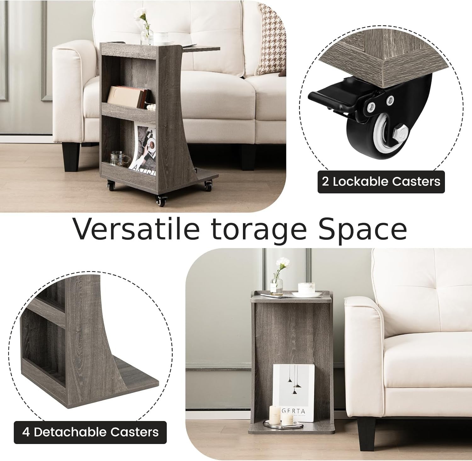 Modern C-Shaped Mobile Side Table with Wheels, Storage Shelves & Compact Design