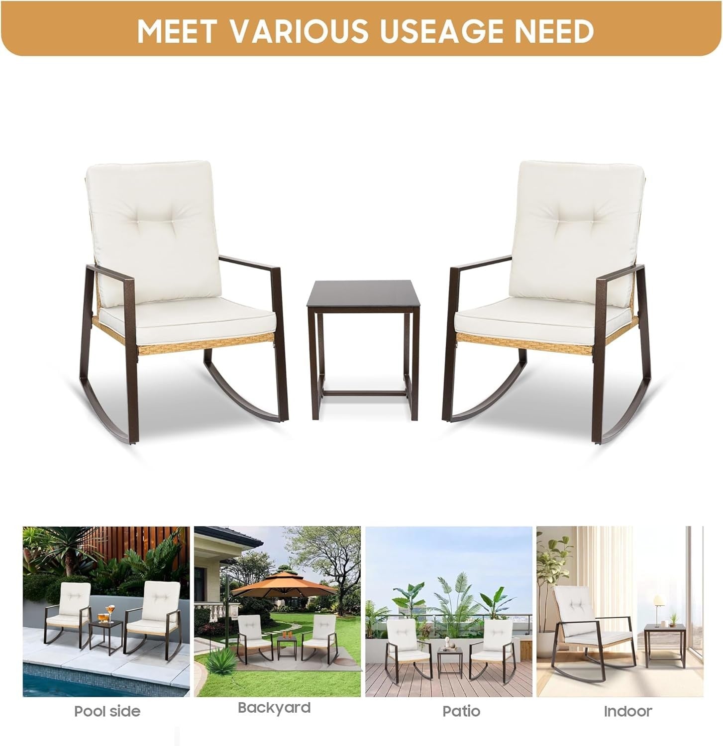 Rocking Rattan Bistro Set 3 Piece Patio Chairs Cushions Glass Table