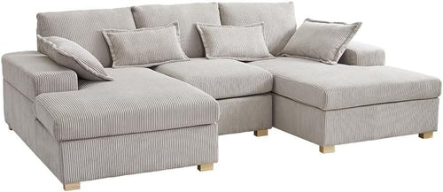 U-Shape Jumbo Cord Sofa Stone Grey 4-Seater | Deep Seat + Optional Footstool