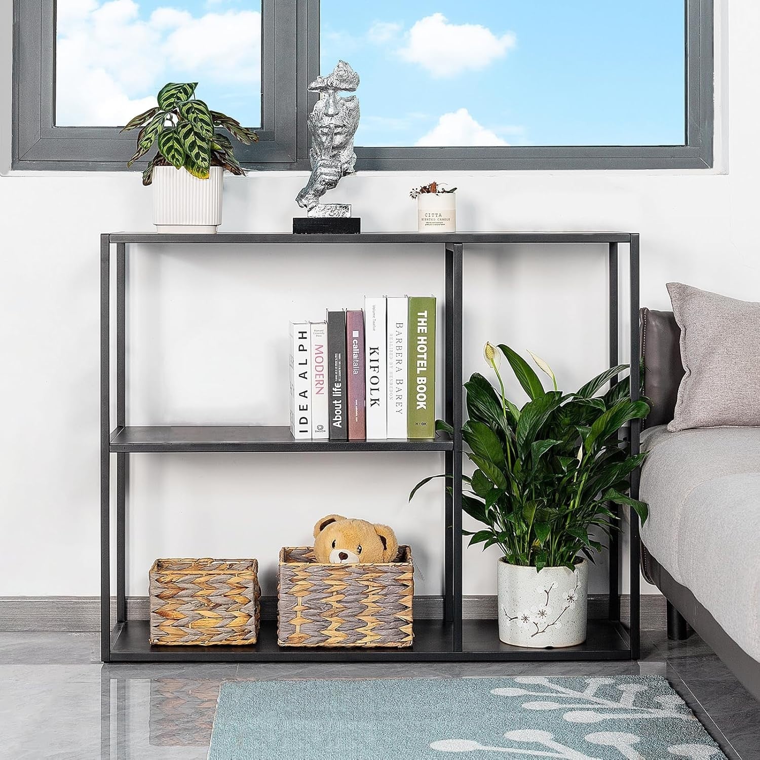 Black 3 Tier Metal Console Table with Shelves - Space-Saving, Durable, Multi-Use