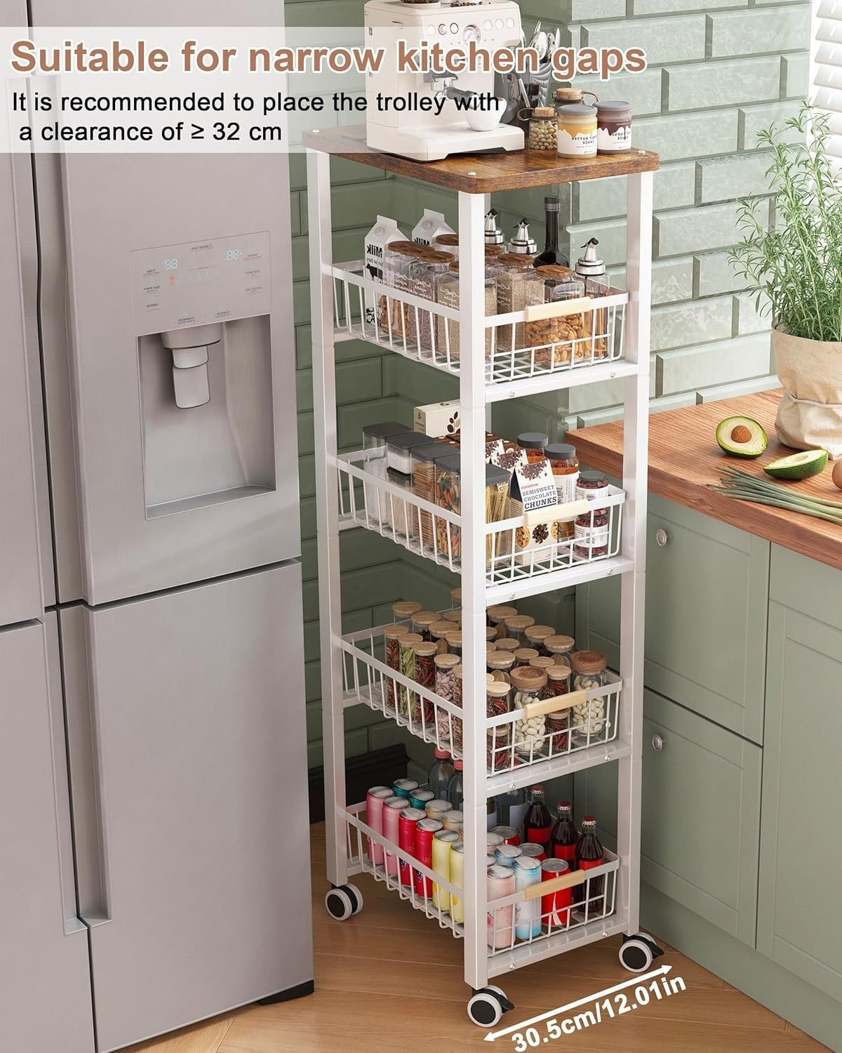 5 Tier Slim Kitchen Storage Trolley on Wheels Wood Top