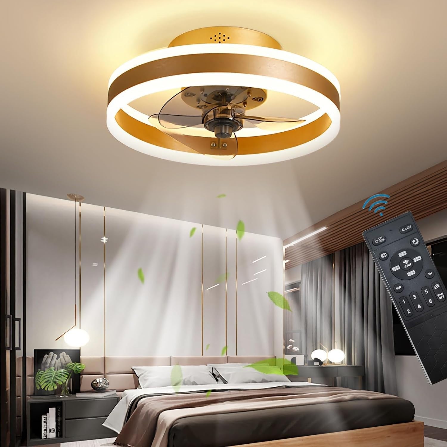 40CM LED Ceiling Fan Light, 6 Speeds, Remote & App Control, Dimmable, Gold