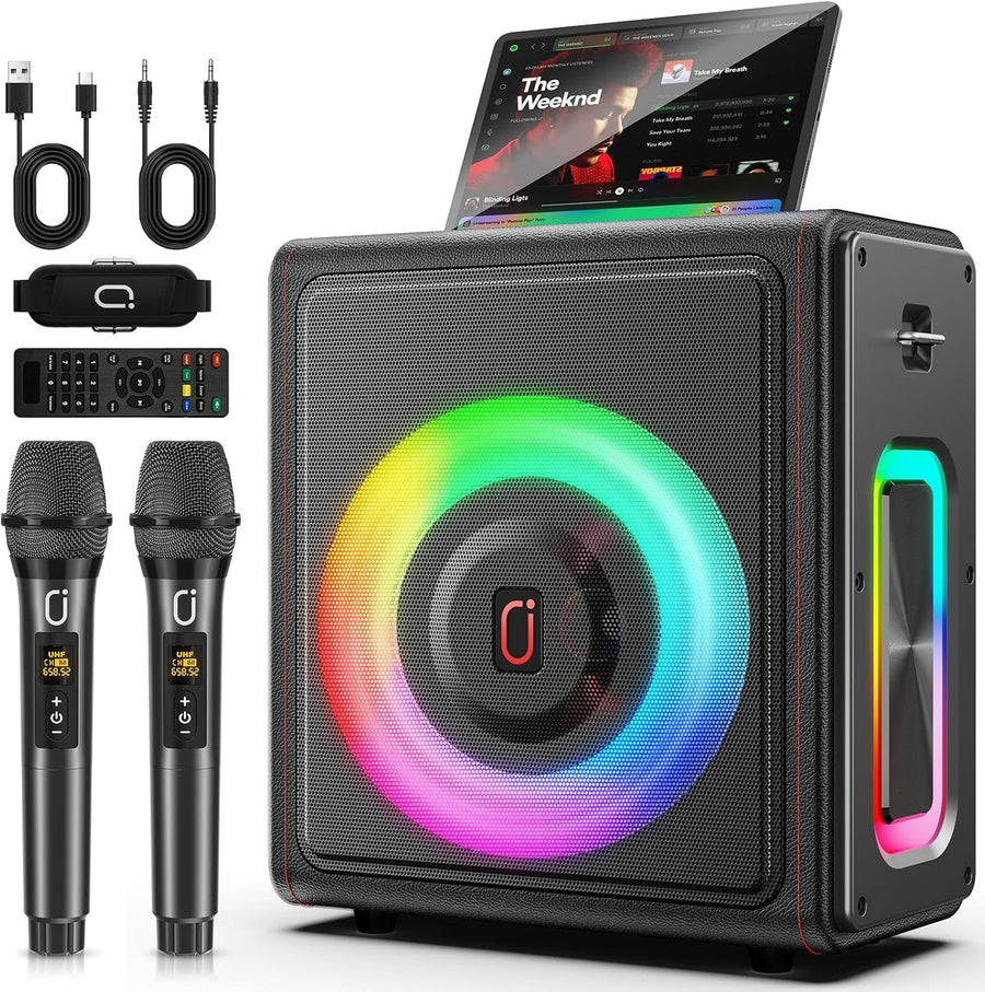 Bluetooth Karaoke Machine 2 Wireless Mics PA Speaker TWS REC