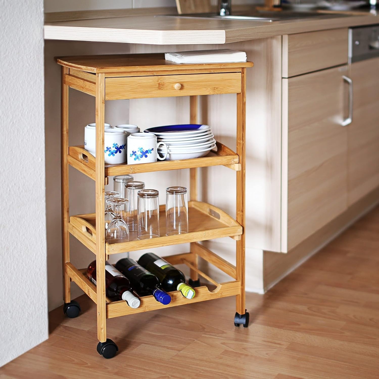 Bamboo Kitchen Trolley Cart w Drawer Trays Wine Rack