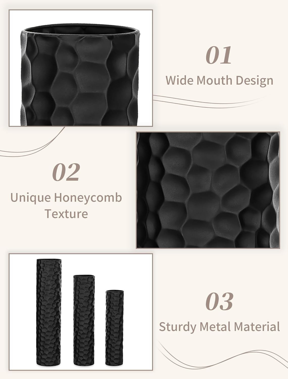Large Black Metal Floor Vase Set Tall Modern Honeycomb Home Decor 3pcs