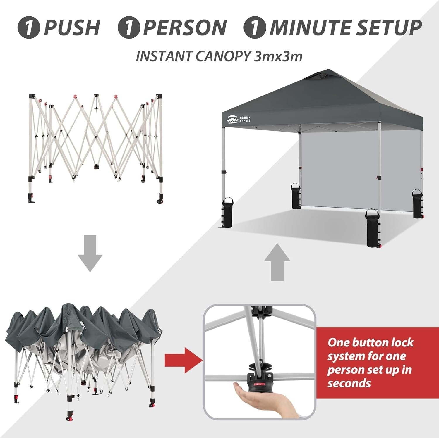 3x3M Grid Grey Pop Up Gazebo With 1 Sidewall Waterproof Party Tent & Carry Bag