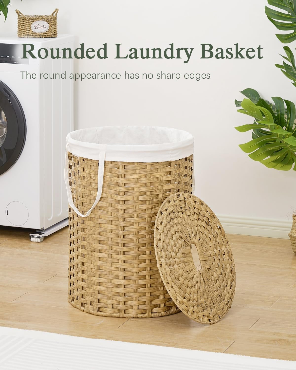 110L Round Rattan Laundry Basket with Lid Large Woven Hamper Natural Storage