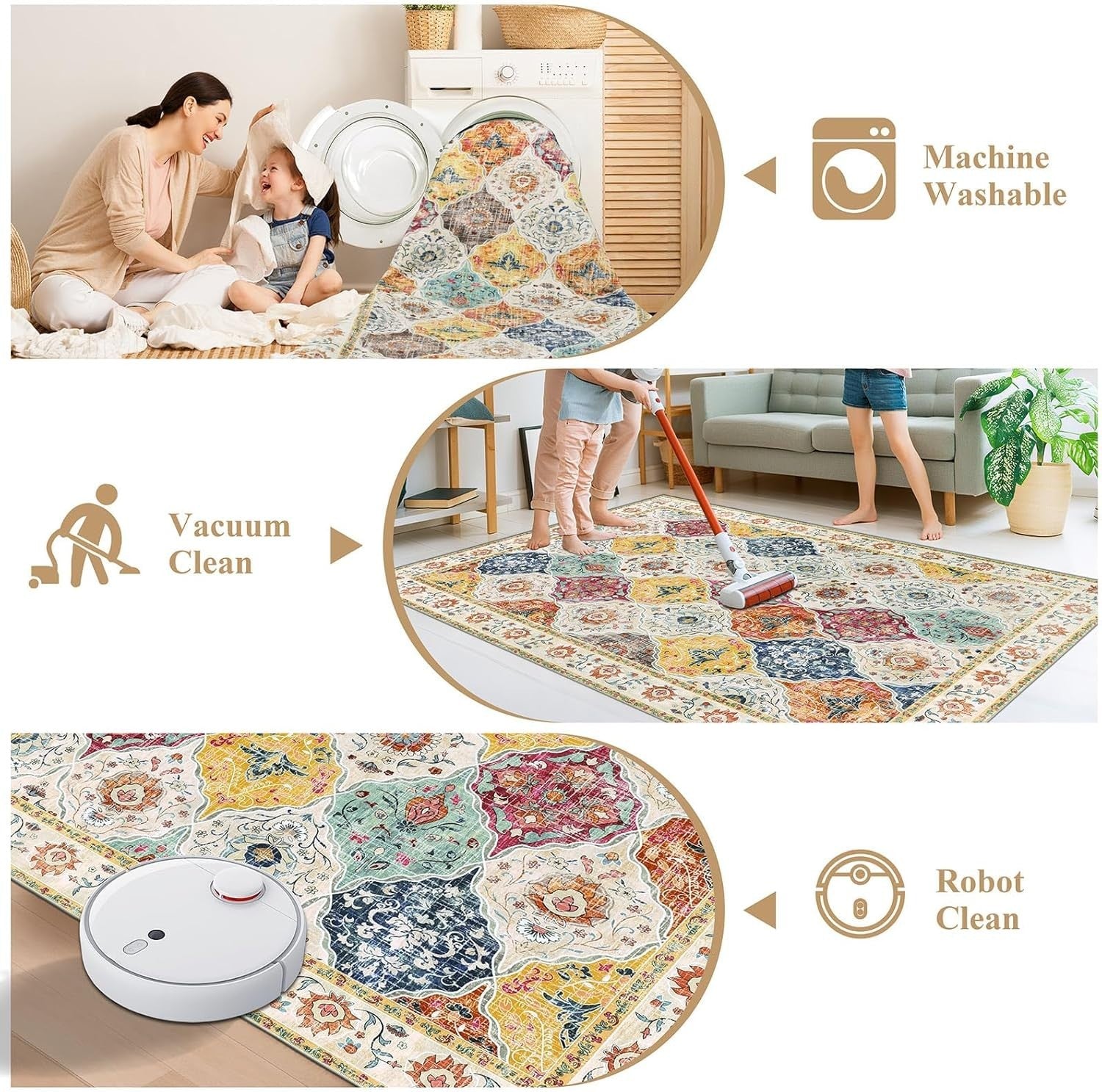 Moroccan Washable Area Rug 120x170cm Non Slip Boho Vintage Living Room Carpet