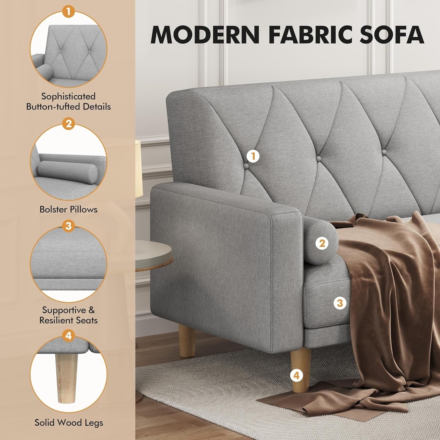 Light Grey 3 Seater Sofa Bed Click Clack Modern Couch with Pillows Small Space