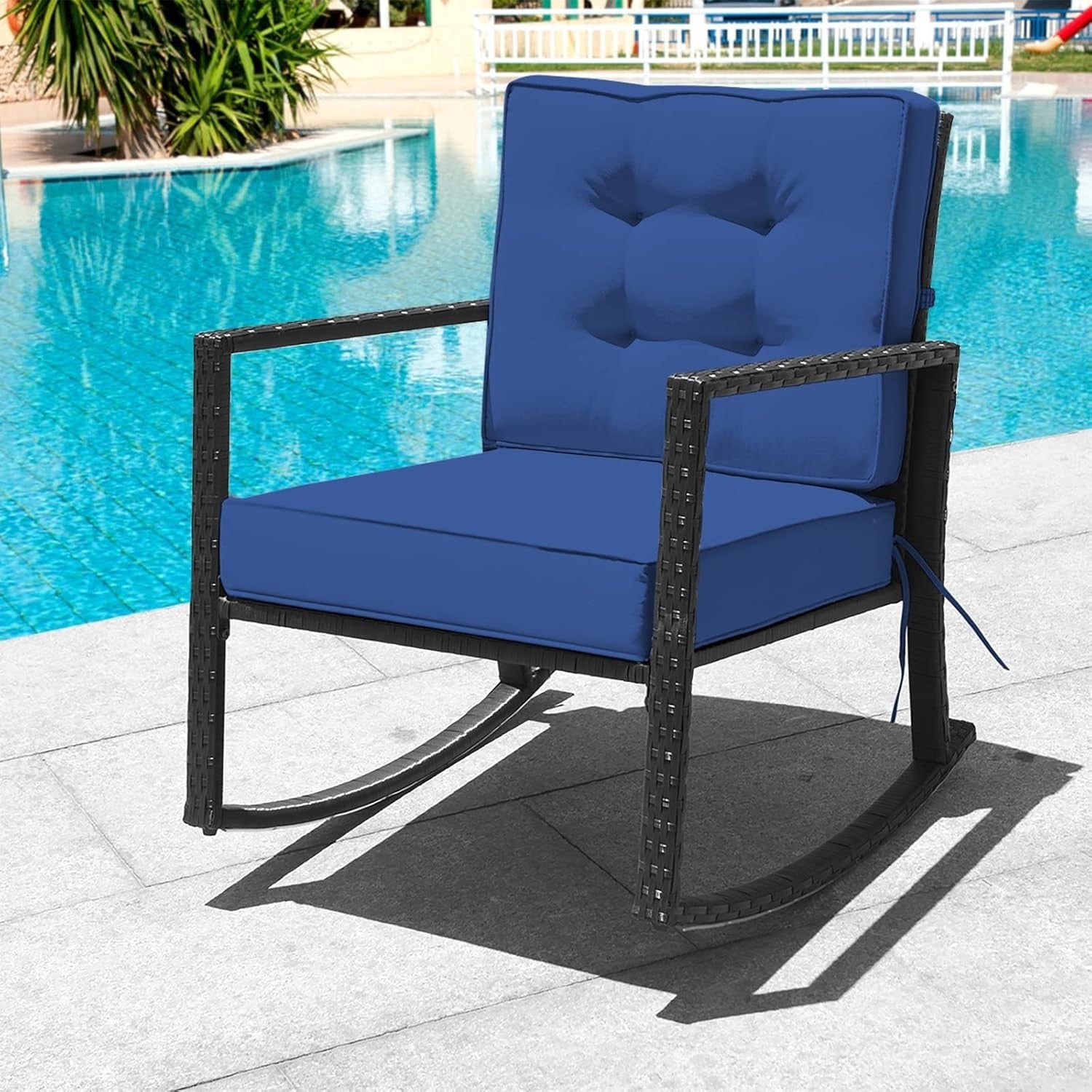 Navy Rattan Outdoor Rocking Chair with Cushions & Armrests Patio Glider