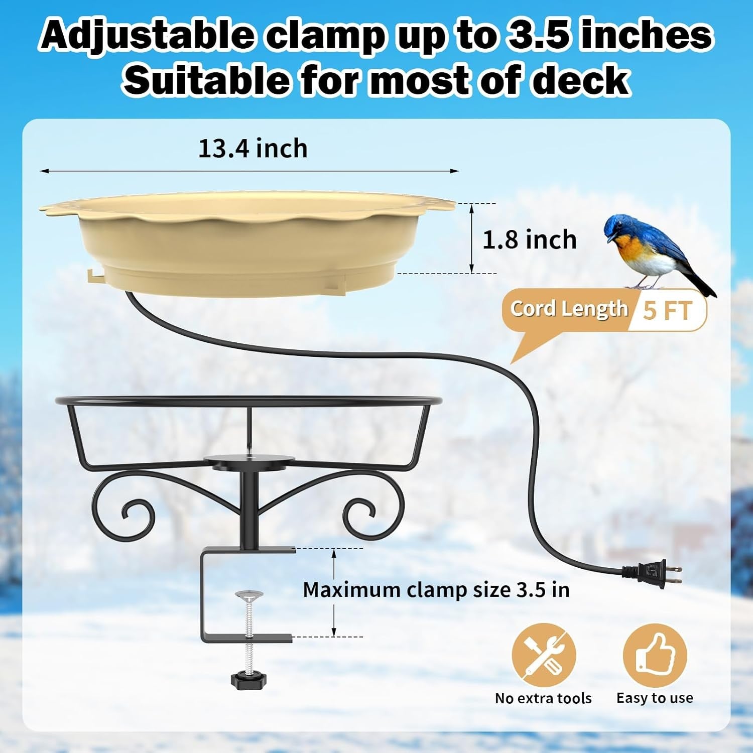 Heated Bird Bath for Winter 100W Thermostat Deck Mount Outdoor Water Feeder