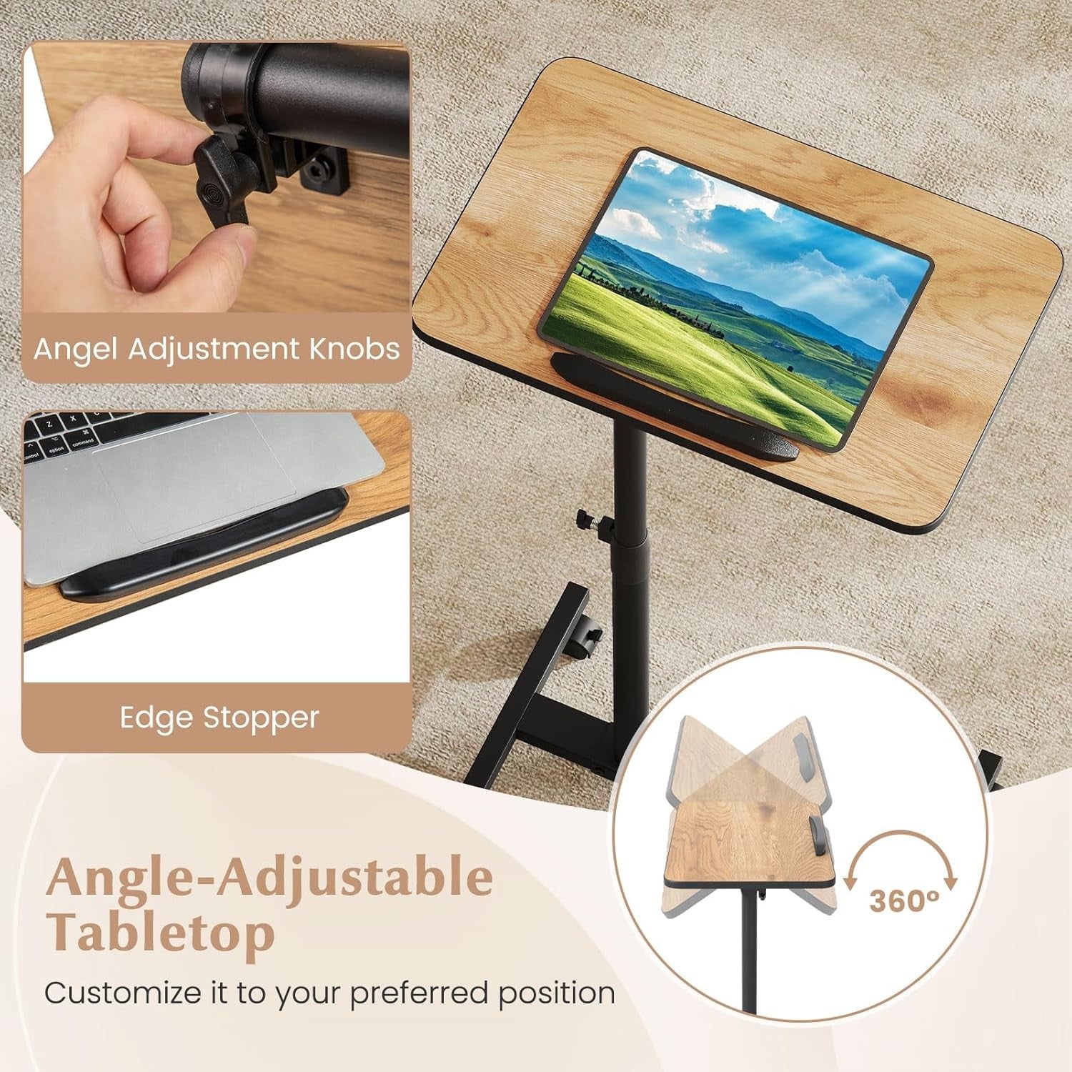 Adjustable Overbed Table Laptop Desk C Shaped Rolling Bedside Stand Brown