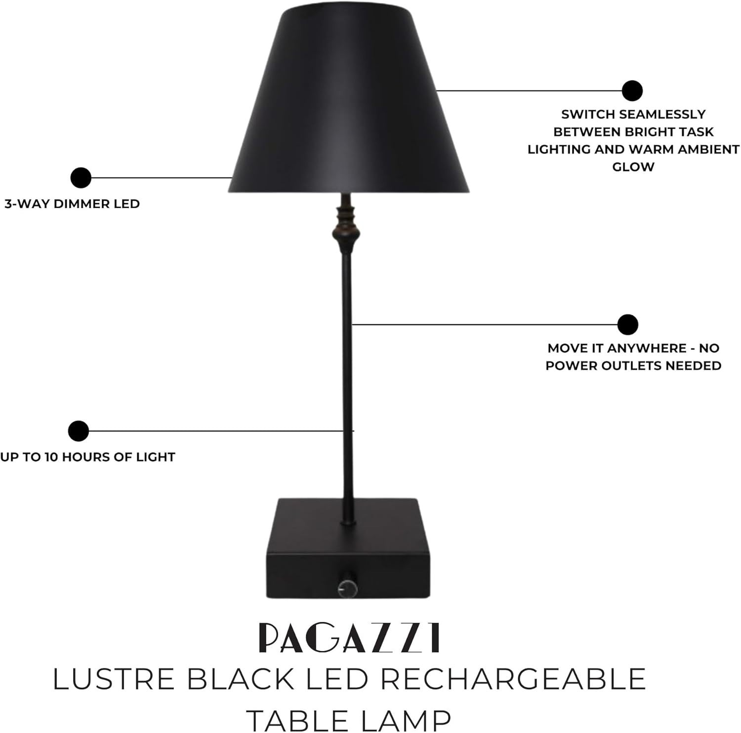 Cordless LED Table Lamp with USB Recharge, Dimmable Warm Light, 45cm