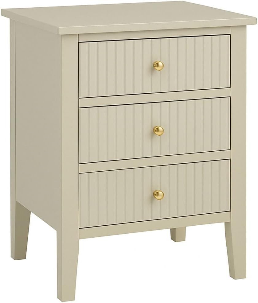 3 Drawer Taupe Bedside Table with Gold Knobs – Modern Bedroom Storage