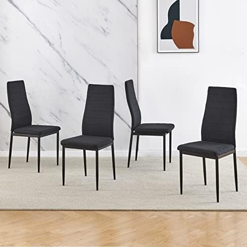 Square Glass Dining Table Set 4 Chairs Modern Space Saving Grey Linen Black