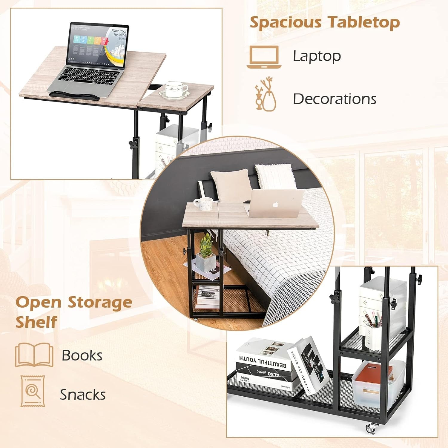 Natural Wood Overbed Table with Wheels Adjustable Sofa Side Laptop Desk
