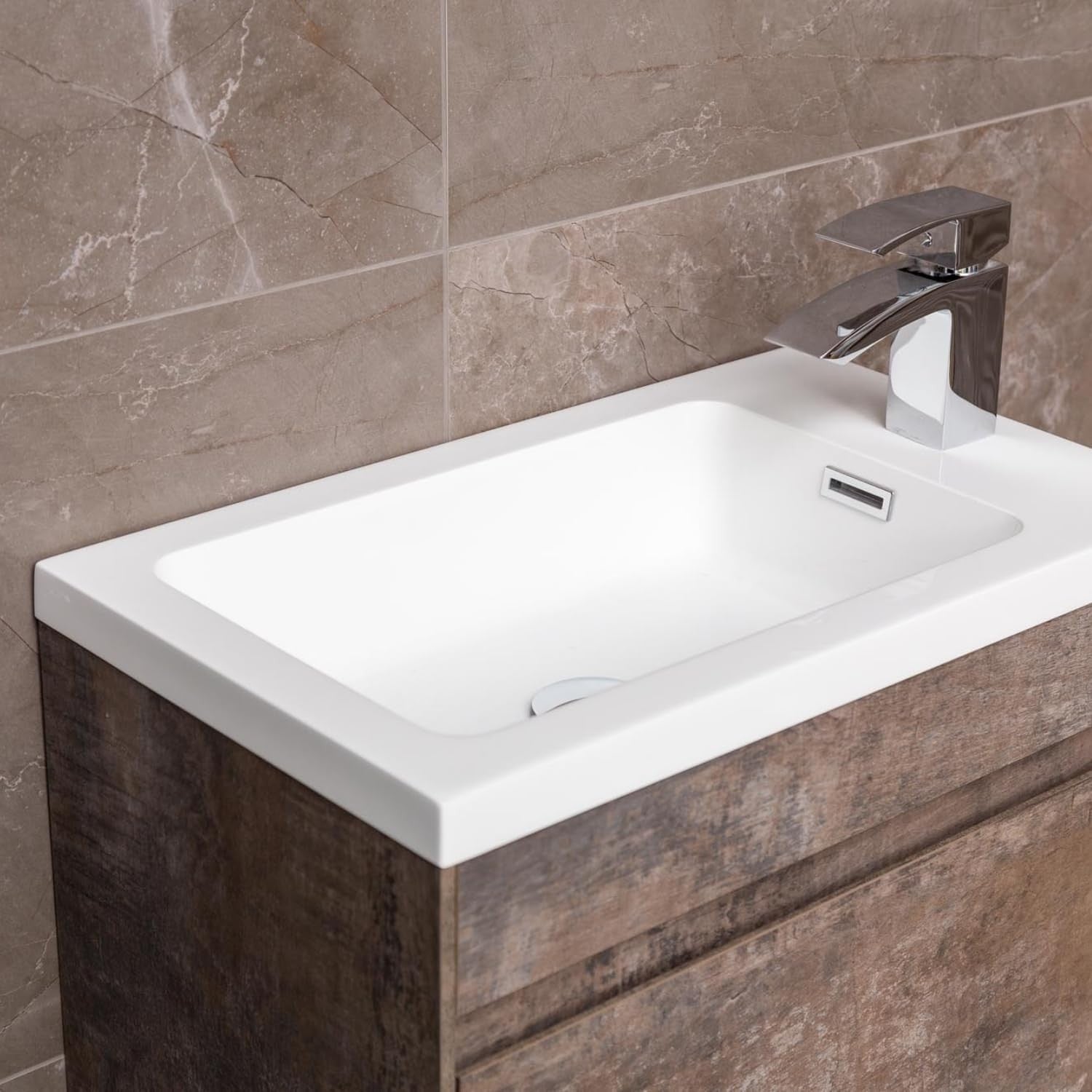 550mm Brown Wood Floor Standing Vanity Unit with Polymarble Basin & Soft Close