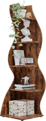 Rustic 5-Tier Wavy Corner Bookshelf | Stylish Slim Space-Saving Display Rack