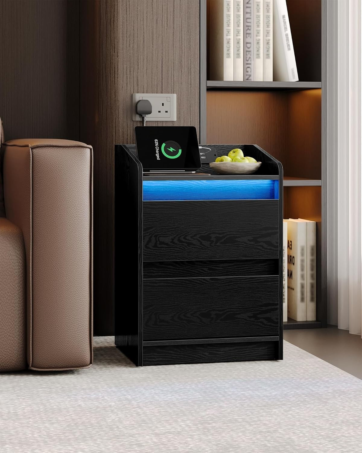 LED Bedside Tables Set of 2 with USB Ports & Power Outlets – Modern Nightstands