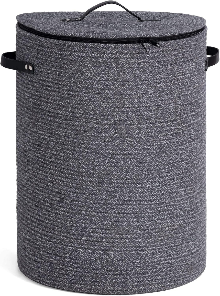 58L Tall Rope Laundry Hamper with Lid Foldable Clothes Basket Grey Storage Bin