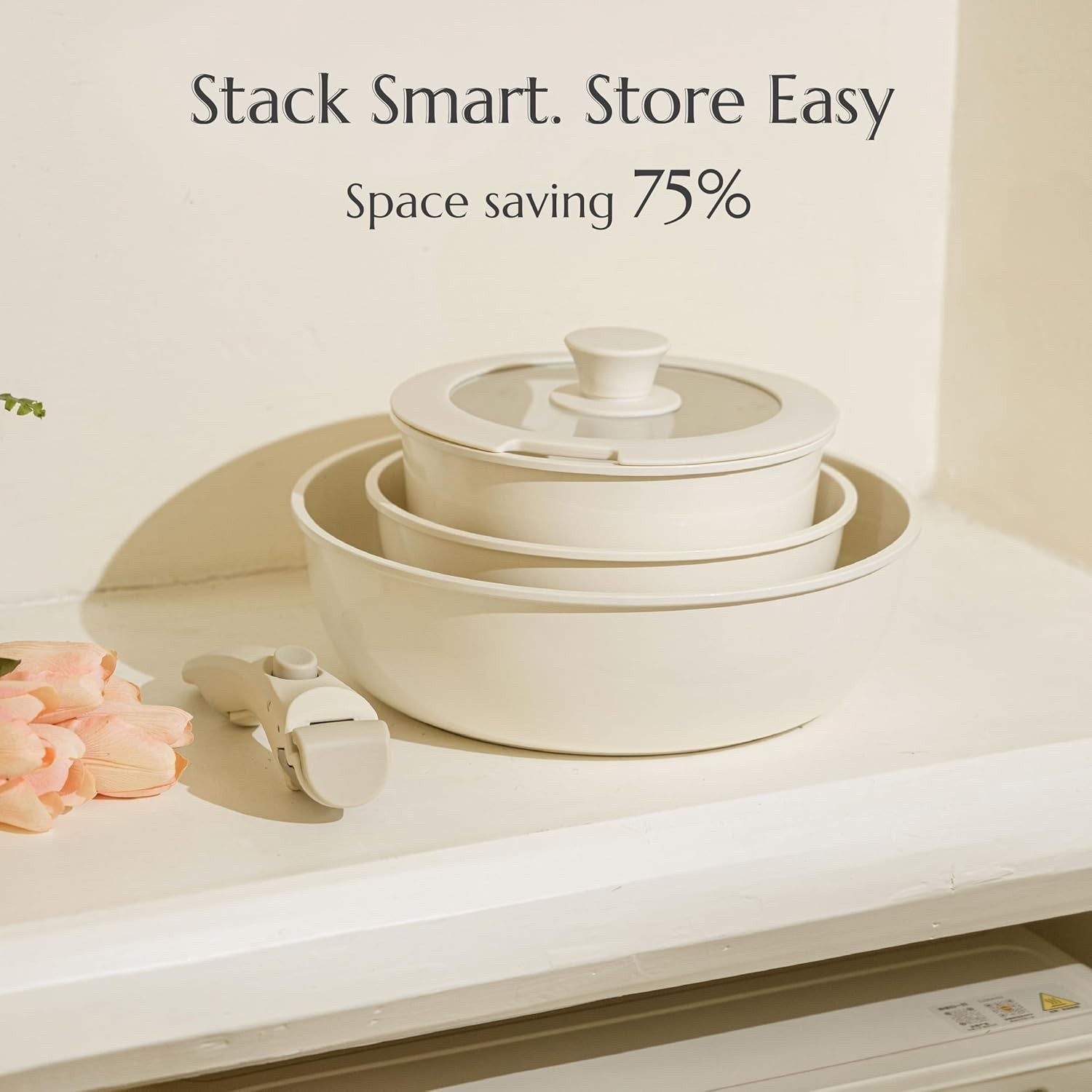 5pcs Cream Ceramic Cookware Set Removable Handle Induction & Oven Safe