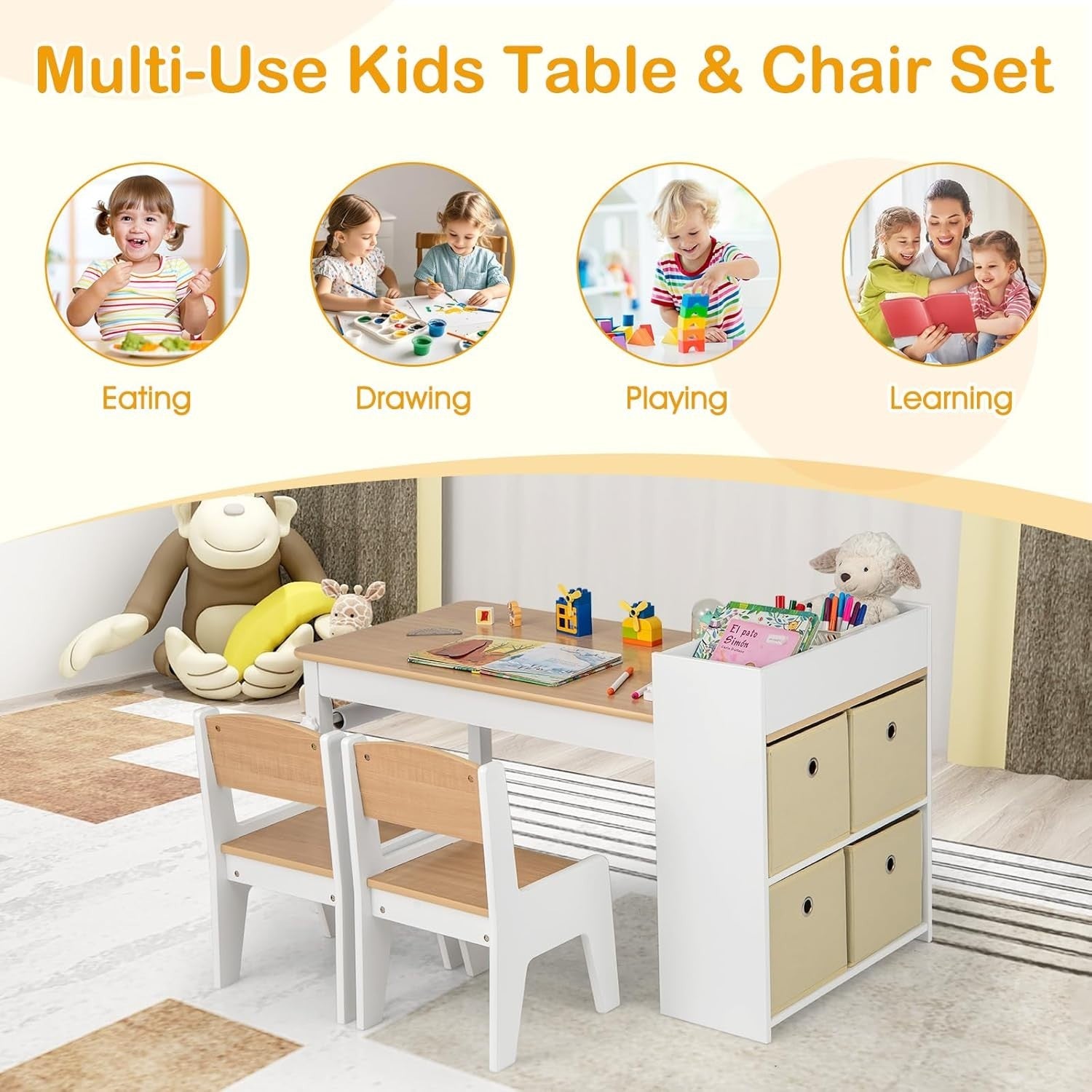Kids Wooden Table and Chairs Set w/ Paper Roll Storage Bins Shelves Art Desk