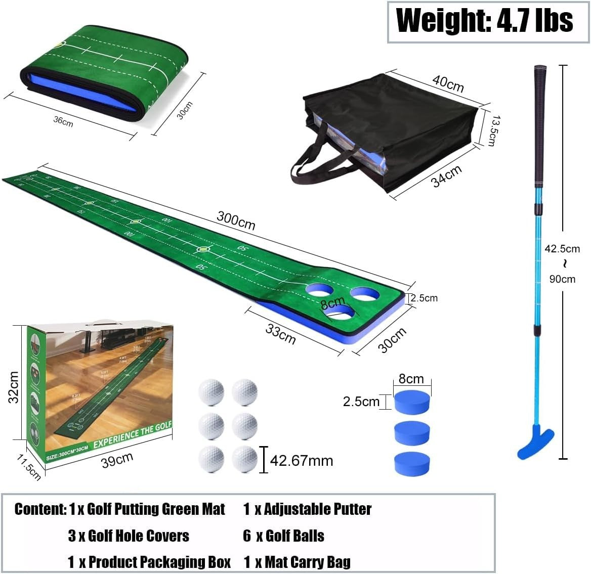 Golf Putting Game 74in Indoor Practice Mat Set With Putter Balls Cups