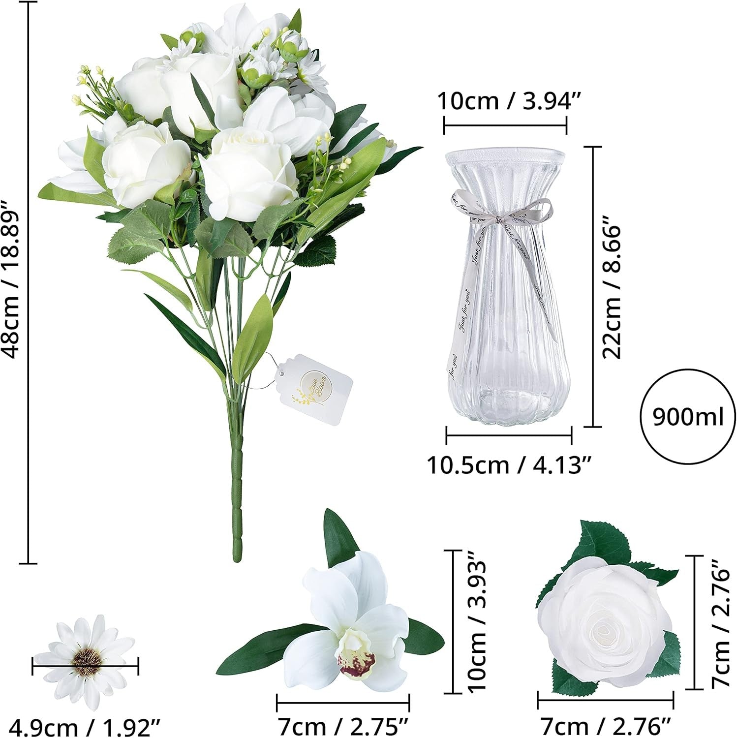 Artificial Flowers with Glass Vase White Rose Orchid Table Centrepiece