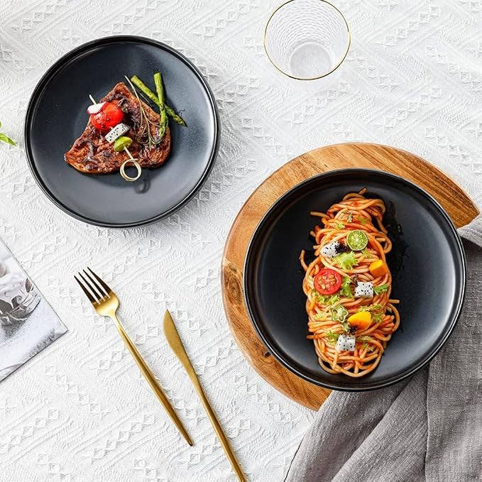6pc Black Ceramic Dinner Plates 25cm Matte Glaze Microwave Dishwasher Safe